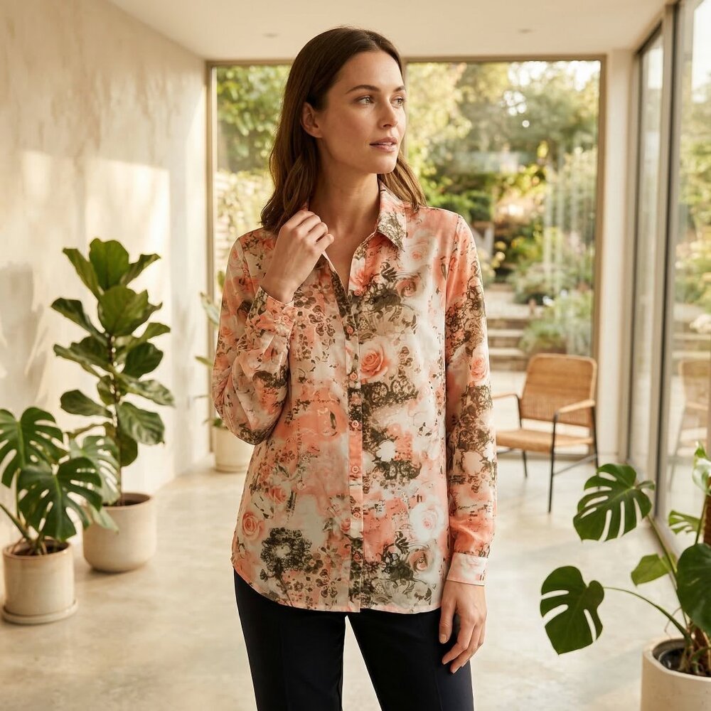 Paola Women's Peach Floral Semi Sheer Button-Down Shirt Size 8 Open‎ Collar